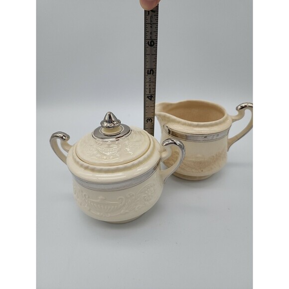 ADAM ANTIQUE by STEUBENVILLE Sugar Bowl w Lid & Creamer Cream with Silver TrIm - Picture 9 of 12